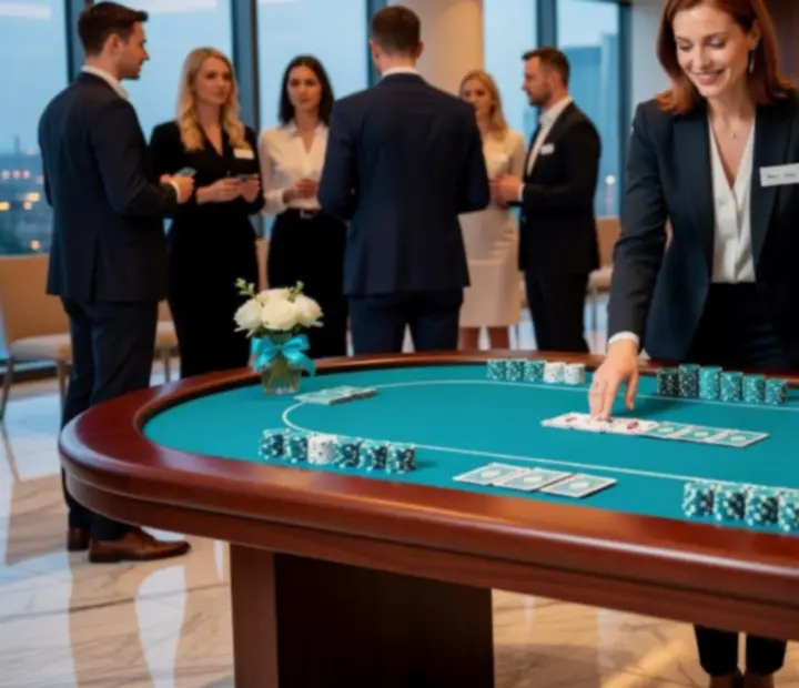 Mobilny stół pokerowy przygotowany na wieczorny event