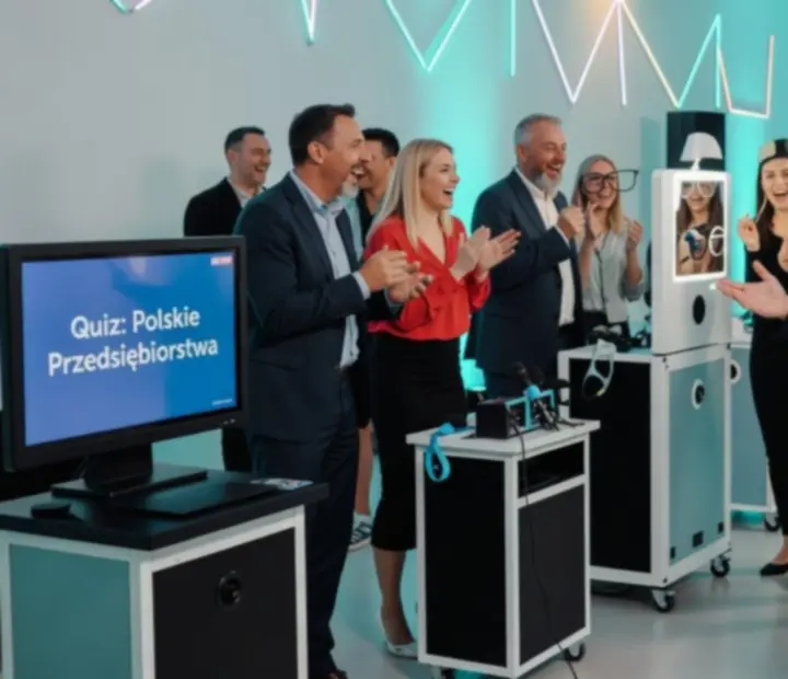 Goście i prowadzący przy stołach eventowych podczas eleganckiego wydarzenia